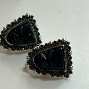 Vintage carved onyx earrings crew backs sterling  silver